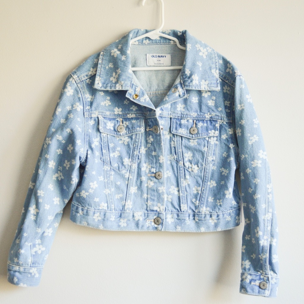 Cropped Floral-Print Jean Trucker Jacket